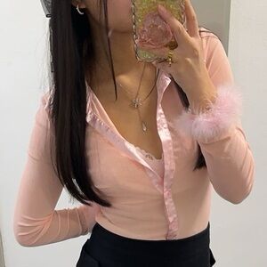 Feather Sheer & Satin Pink Button Up Blouse